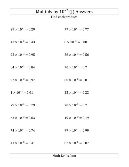 The Multiplying Whole Numbers by 10<sup>-2</sup> (J) Math Worksheet Page 2
