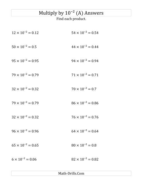The Multiplying Whole Numbers by 10<sup>-2</sup> (All) Math Worksheet Page 2