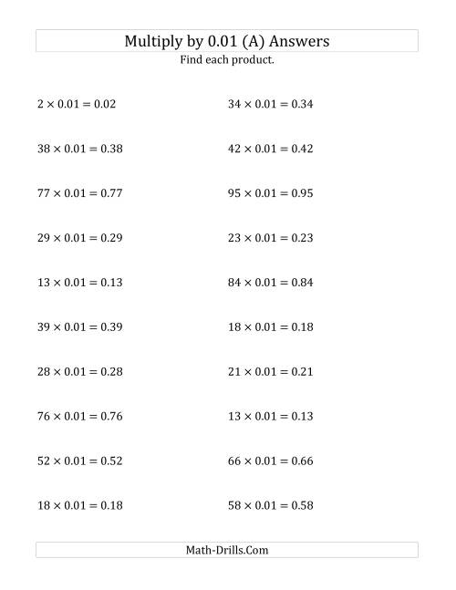 The Multiplying Whole Numbers by 0.01 (A) Math Worksheet Page 2