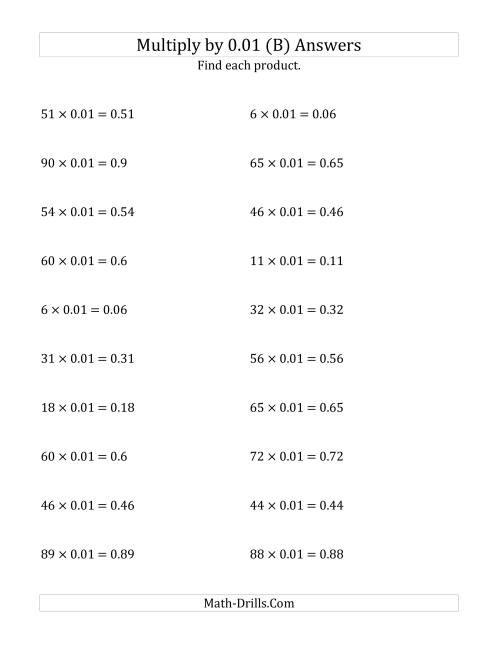 The Multiplying Whole Numbers by 0.01 (B) Math Worksheet Page 2