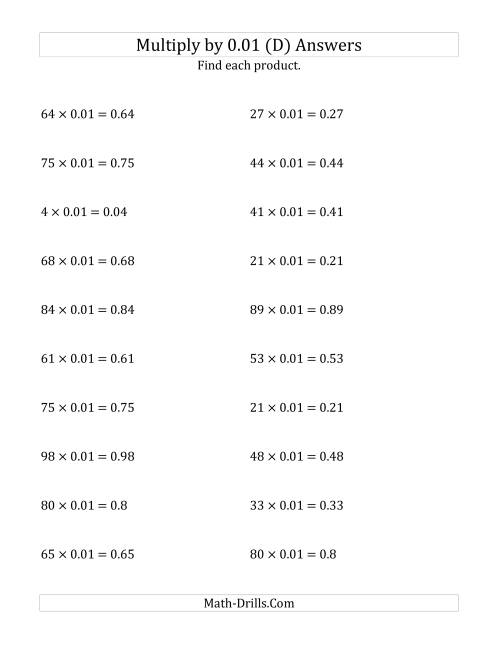 The Multiplying Whole Numbers by 0.01 (D) Math Worksheet Page 2