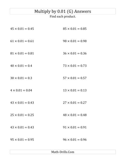 The Multiplying Whole Numbers by 0.01 (G) Math Worksheet Page 2