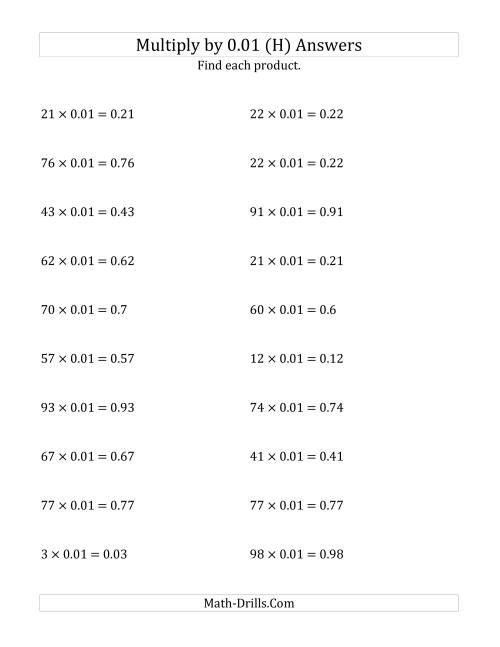 The Multiplying Whole Numbers by 0.01 (H) Math Worksheet Page 2