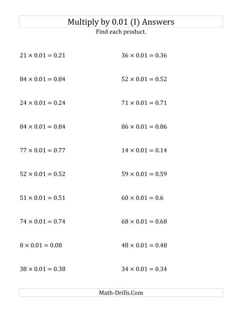 The Multiplying Whole Numbers by 0.01 (I) Math Worksheet Page 2