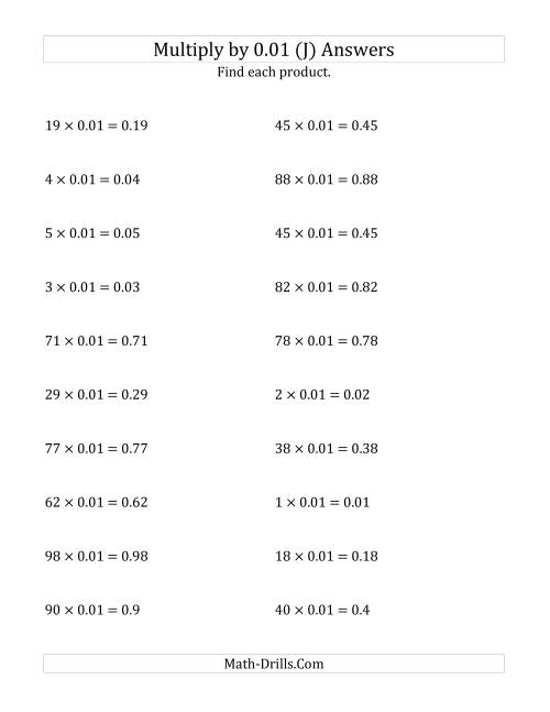 The Multiplying Whole Numbers by 0.01 (J) Math Worksheet Page 2