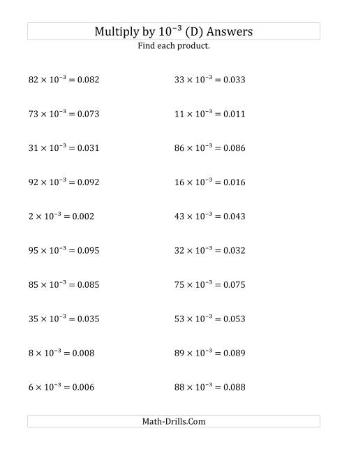 The Multiplying Whole Numbers by 10<sup>-3</sup> (D) Math Worksheet Page 2