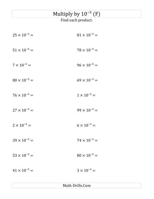 The Multiplying Whole Numbers by 10<sup>-3</sup> (F) Math Worksheet