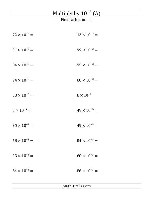 The Multiplying Whole Numbers by 10<sup>-3</sup> (All) Math Worksheet