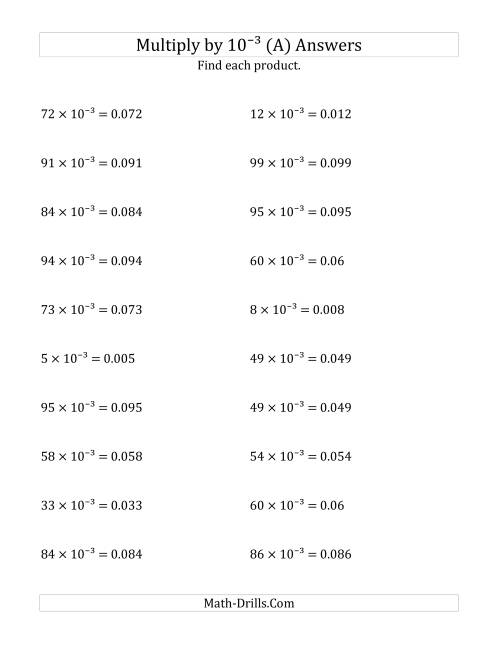 The Multiplying Whole Numbers by 10<sup>-3</sup> (All) Math Worksheet Page 2