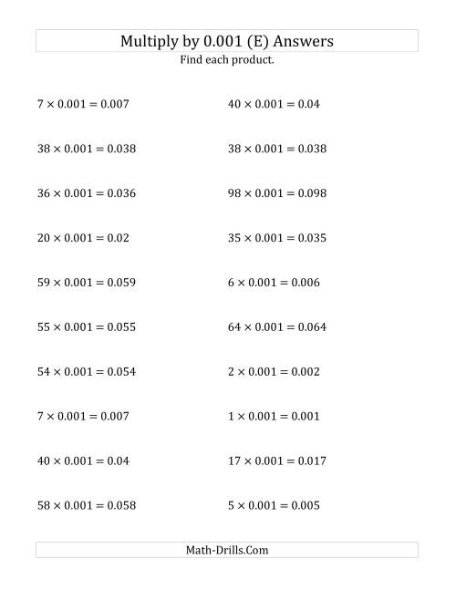 The Multiplying Whole Numbers by 0.001 (E) Math Worksheet Page 2