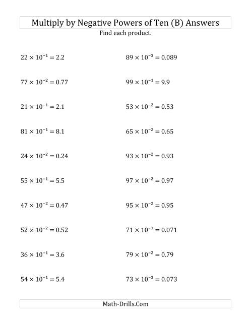 The Multiplying Whole Numbers by Negative Powers of Ten (Exponent Form) (B) Math Worksheet Page 2