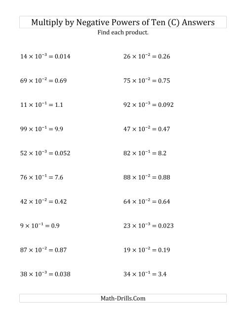The Multiplying Whole Numbers by Negative Powers of Ten (Exponent Form) (C) Math Worksheet Page 2
