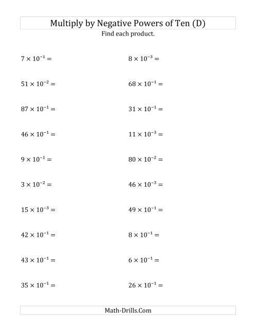 The Multiplying Whole Numbers by Negative Powers of Ten (Exponent Form) (D) Math Worksheet