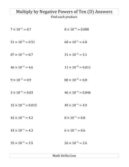 The Multiplying Whole Numbers by Negative Powers of Ten (Exponent Form) (D) Math Worksheet Page 2