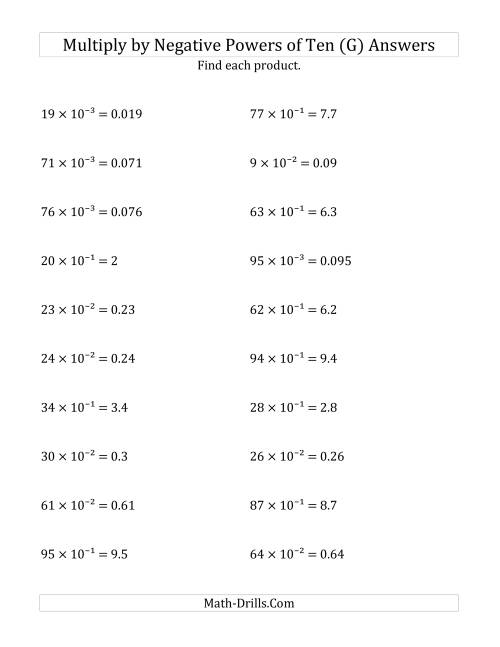 The Multiplying Whole Numbers by Negative Powers of Ten (Exponent Form) (G) Math Worksheet Page 2