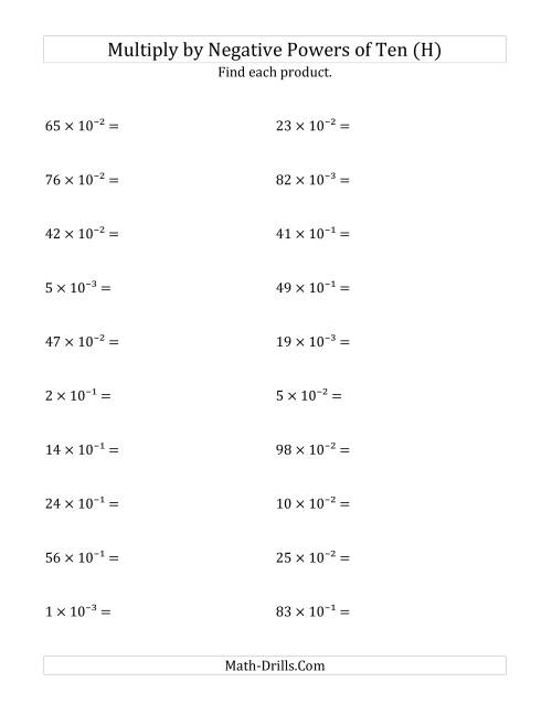 The Multiplying Whole Numbers by Negative Powers of Ten (Exponent Form) (H) Math Worksheet