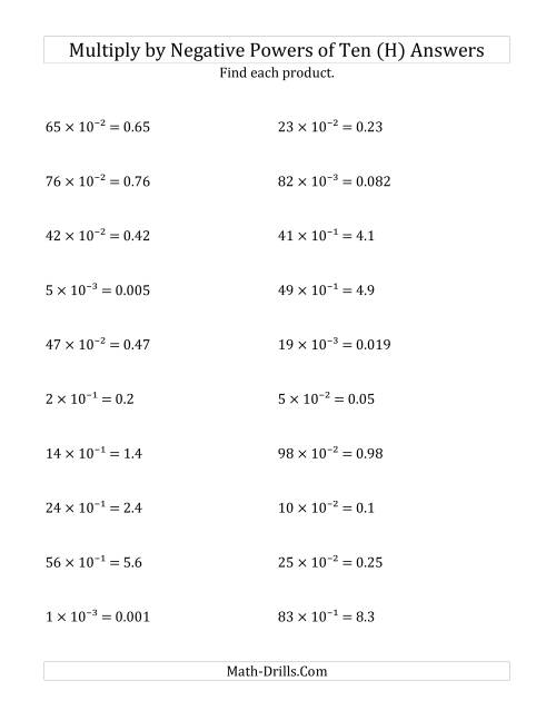The Multiplying Whole Numbers by Negative Powers of Ten (Exponent Form) (H) Math Worksheet Page 2