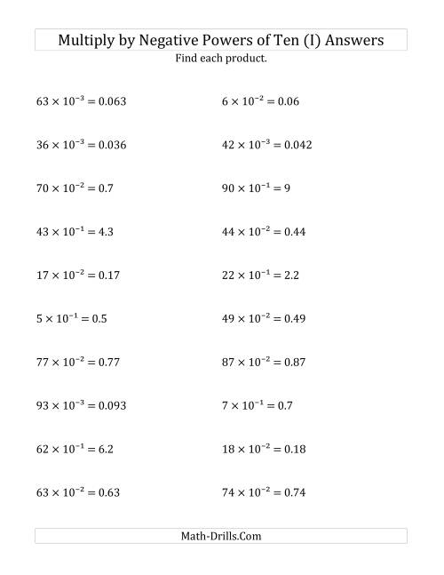 The Multiplying Whole Numbers by Negative Powers of Ten (Exponent Form) (I) Math Worksheet Page 2