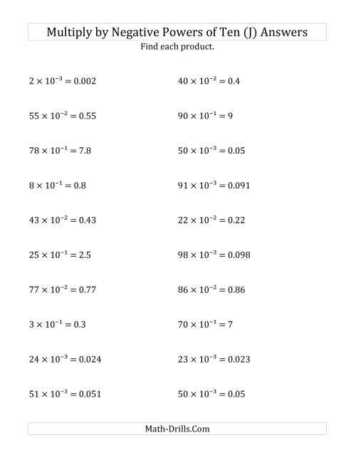 The Multiplying Whole Numbers by Negative Powers of Ten (Exponent Form) (J) Math Worksheet Page 2