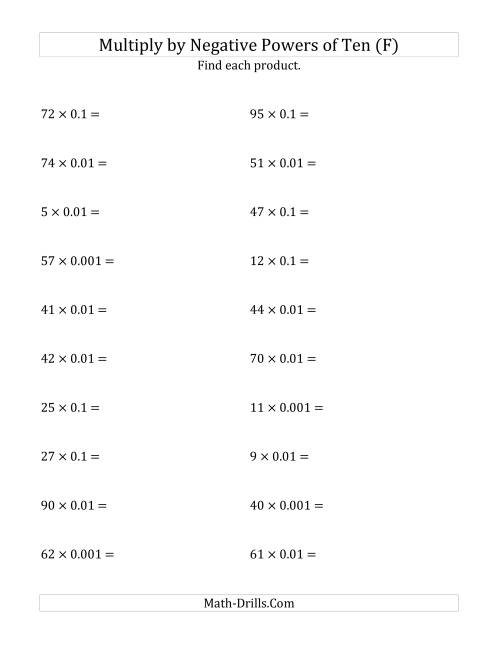 The Multiplying Whole Numbers by Negative Powers of Ten (Standard Form) (F) Math Worksheet