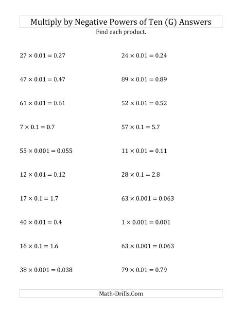 The Multiplying Whole Numbers by Negative Powers of Ten (Standard Form) (G) Math Worksheet Page 2