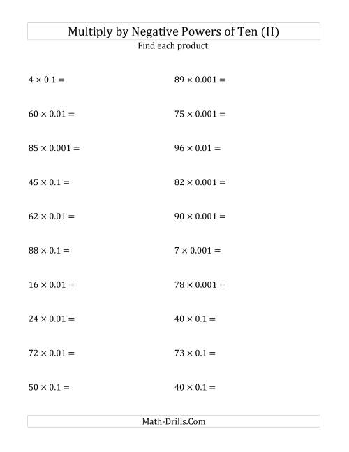 The Multiplying Whole Numbers by Negative Powers of Ten (Standard Form) (H) Math Worksheet