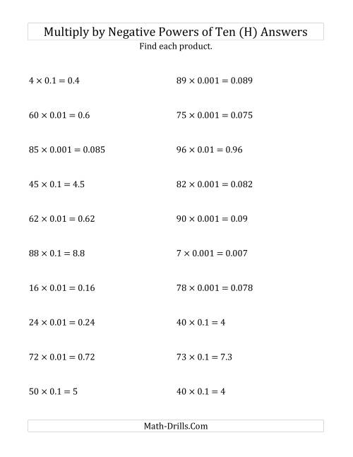 The Multiplying Whole Numbers by Negative Powers of Ten (Standard Form) (H) Math Worksheet Page 2