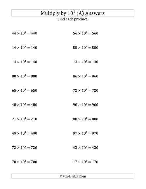 The Multiplying Whole Numbers by 10<sup>1</sup> (A) Math Worksheet Page 2