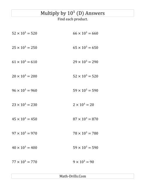 The Multiplying Whole Numbers by 10<sup>1</sup> (D) Math Worksheet Page 2