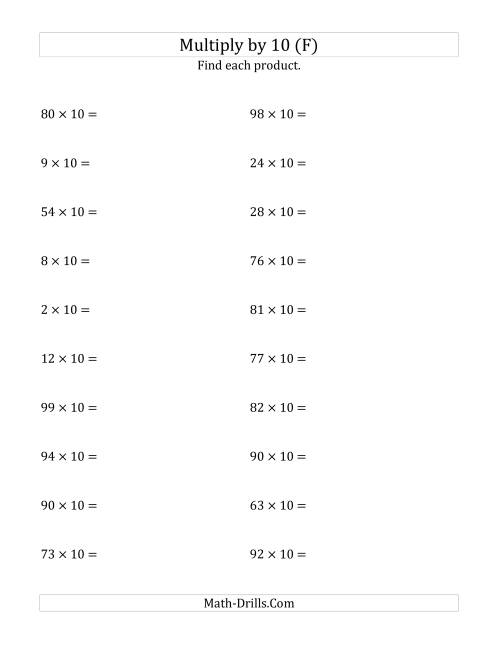 The Multiplying Whole Numbers by 10 (F) Math Worksheet