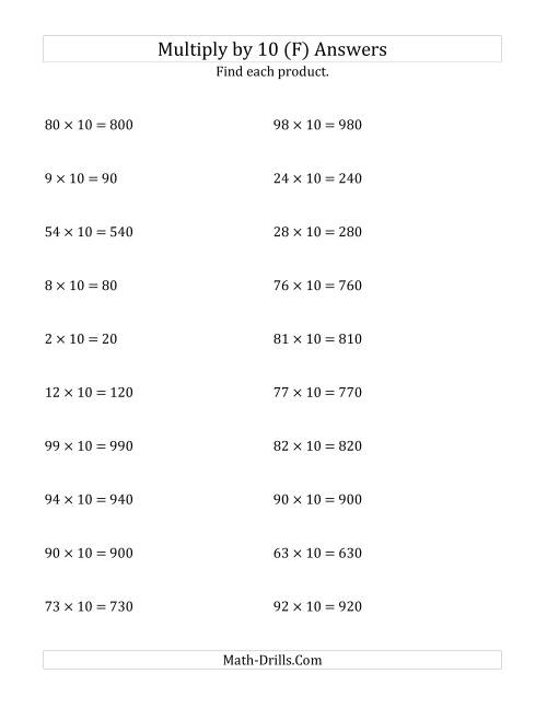The Multiplying Whole Numbers by 10 (F) Math Worksheet Page 2