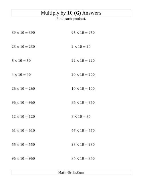 The Multiplying Whole Numbers by 10 (G) Math Worksheet Page 2