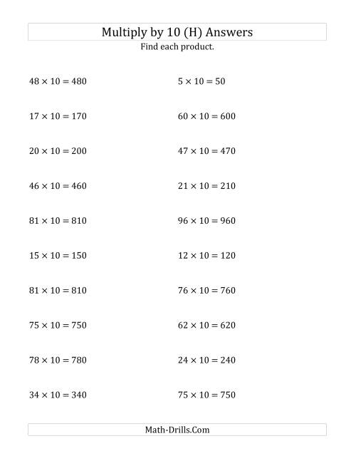 The Multiplying Whole Numbers by 10 (H) Math Worksheet Page 2