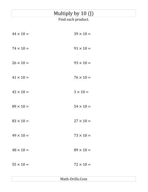 The Multiplying Whole Numbers by 10 (J) Math Worksheet