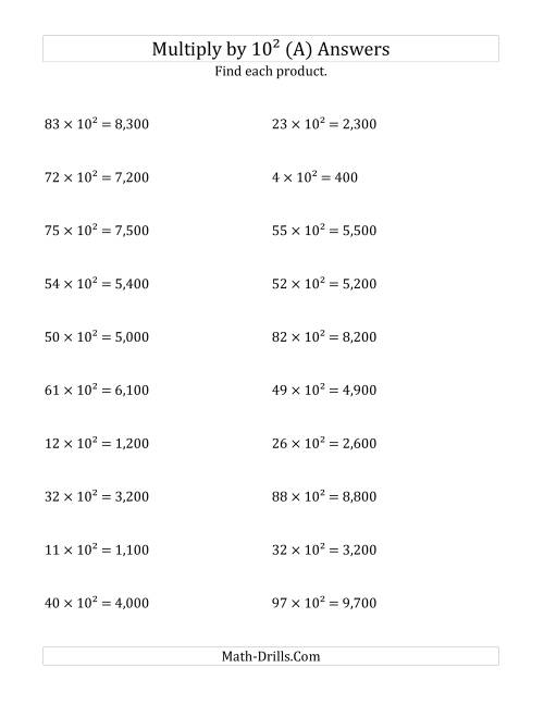 The Multiplying Whole Numbers by 10<sup>2</sup> (A) Math Worksheet Page 2