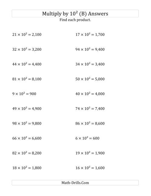 The Multiplying Whole Numbers by 10<sup>2</sup> (B) Math Worksheet Page 2