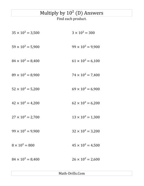 The Multiplying Whole Numbers by 10<sup>2</sup> (D) Math Worksheet Page 2