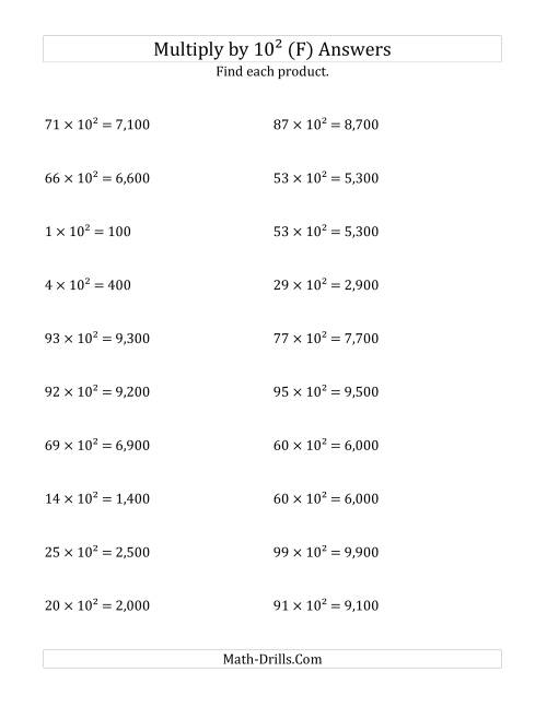 The Multiplying Whole Numbers by 10<sup>2</sup> (F) Math Worksheet Page 2