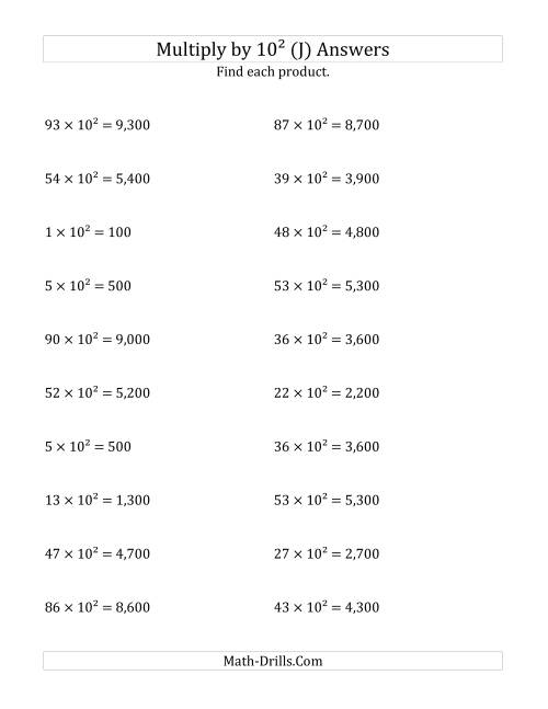 The Multiplying Whole Numbers by 10<sup>2</sup> (J) Math Worksheet Page 2