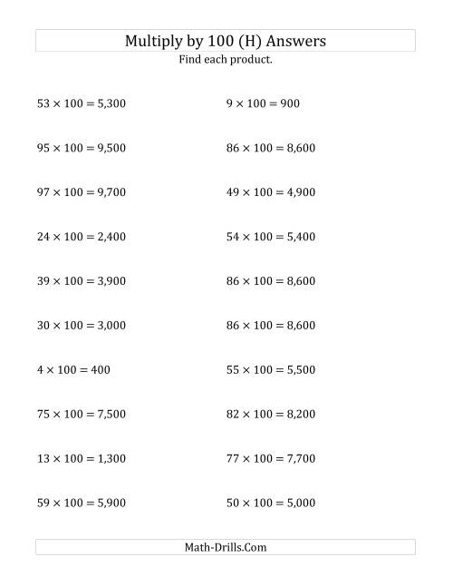 The Multiplying Whole Numbers by 100 (H) Math Worksheet Page 2