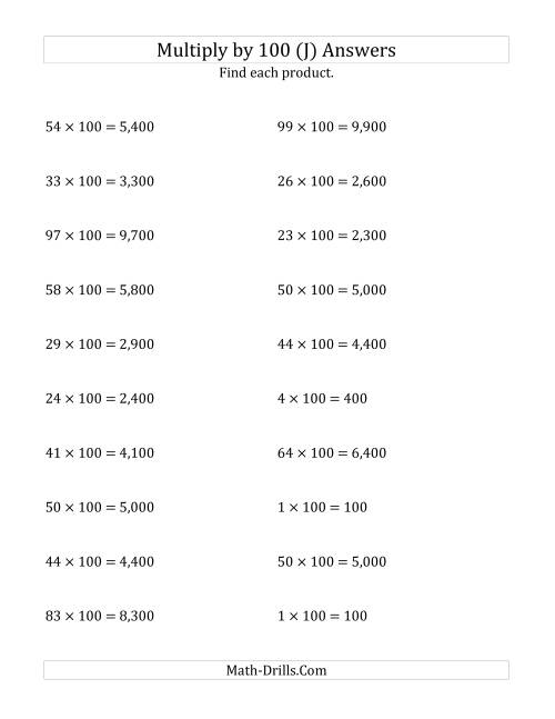 The Multiplying Whole Numbers by 100 (J) Math Worksheet Page 2