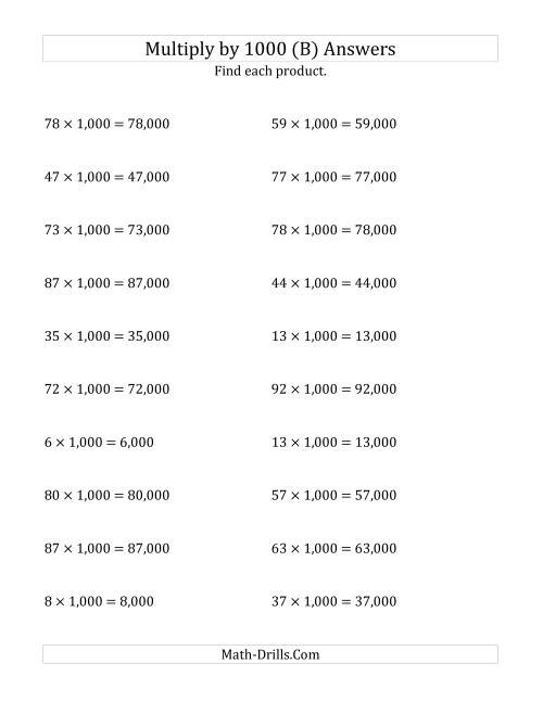 The Multiplying Whole Numbers by 1,000 (B) Math Worksheet Page 2