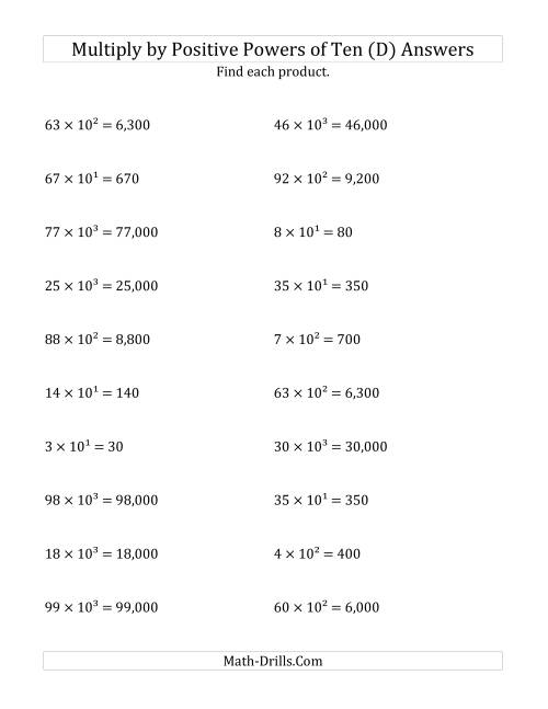 The Multiplying Whole Numbers by Positive Powers of Ten (Exponent Form) (D) Math Worksheet Page 2