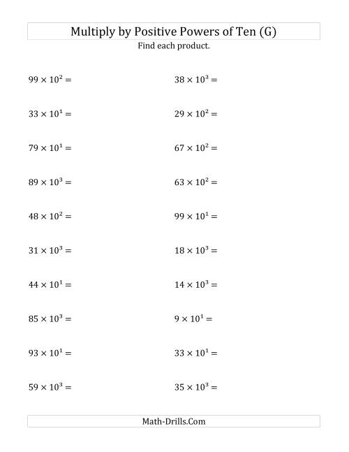 The Multiplying Whole Numbers by Positive Powers of Ten (Exponent Form) (G) Math Worksheet
