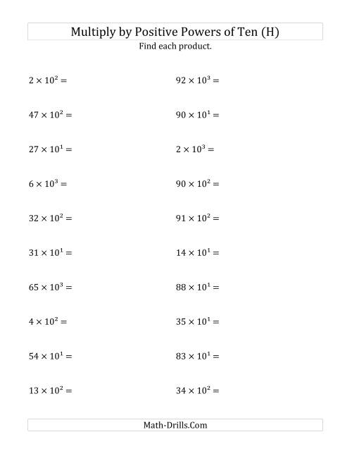 The Multiplying Whole Numbers by Positive Powers of Ten (Exponent Form) (H) Math Worksheet