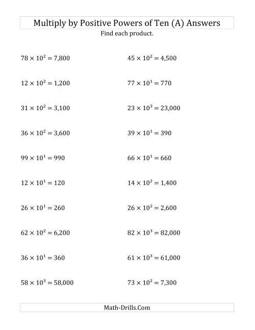 The Multiplying Whole Numbers by Positive Powers of Ten (Exponent Form) (All) Math Worksheet Page 2