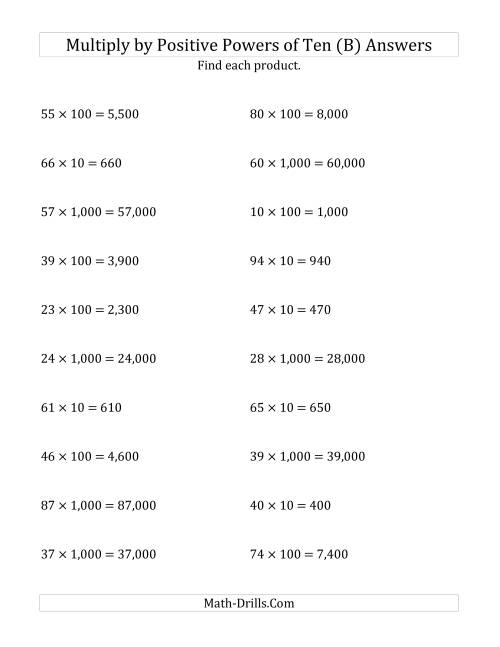 The Multiplying Whole Numbers by Positive Powers of Ten (Standard Form) (B) Math Worksheet Page 2