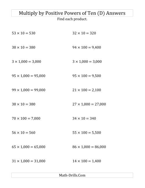 The Multiplying Whole Numbers by Positive Powers of Ten (Standard Form) (D) Math Worksheet Page 2