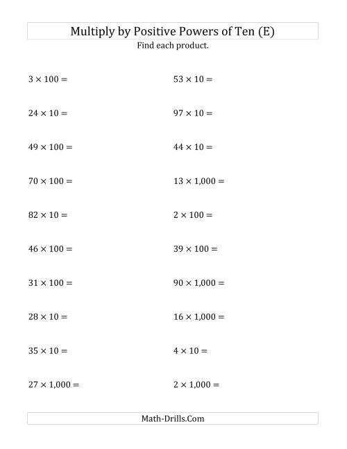 The Multiplying Whole Numbers by Positive Powers of Ten (Standard Form) (E) Math Worksheet