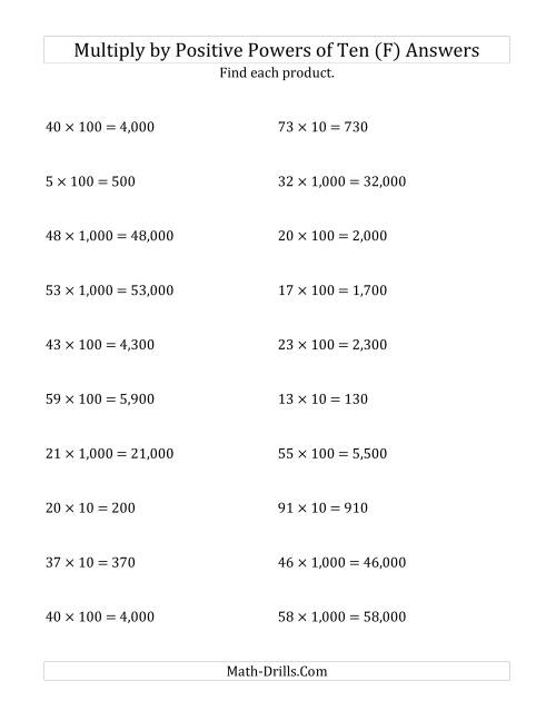 The Multiplying Whole Numbers by Positive Powers of Ten (Standard Form) (F) Math Worksheet Page 2